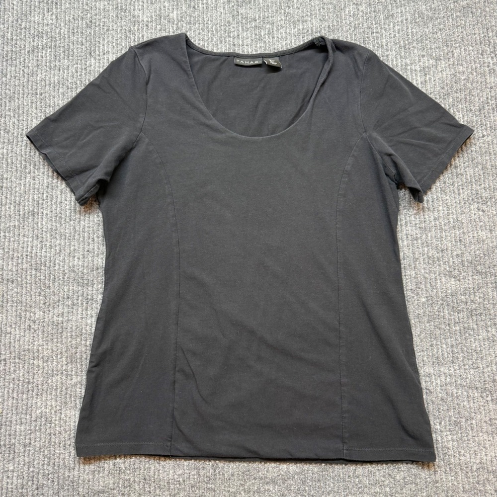 Tahari Black Fitted Scoop Neck Tee Large Short Sleeve Chic Minimalist Stretch